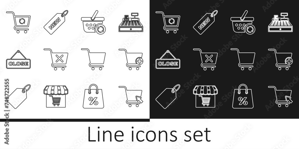 Set line Shopping cart with cursor, Add to, Refresh shopping basket, Remove, Hanging sign Close, and Price tag New icon. Vector