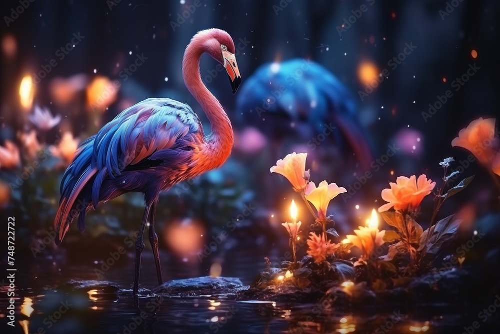 Couple of cute flamingo on fantasy aesthetic - obrazy, fototapety, plakaty 