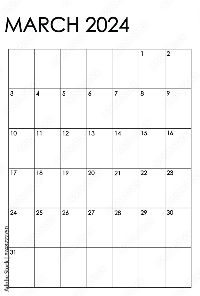 March 2024 month vertical calendar. Simple black and white design March 2024 month vertical calendar. Simple black and white design