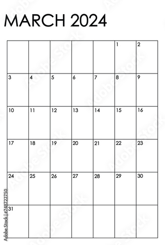 March 2024 month vertical calendar. Simple black and white design
