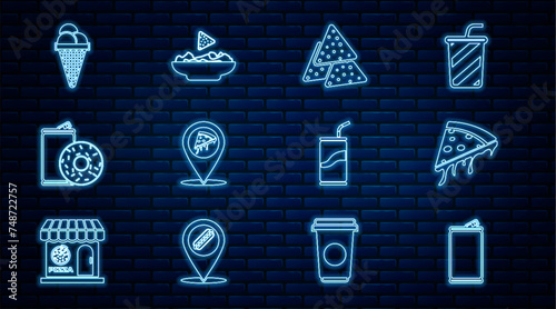 Set line Aluminum can, Slice of pizza, Nachos, Location with slice, soda and donut, Ice cream waffle cone, Soda drinking straw and plate icon. Vector