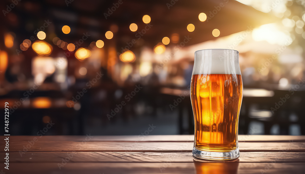 A glass of beer on the table on the background of a bar
