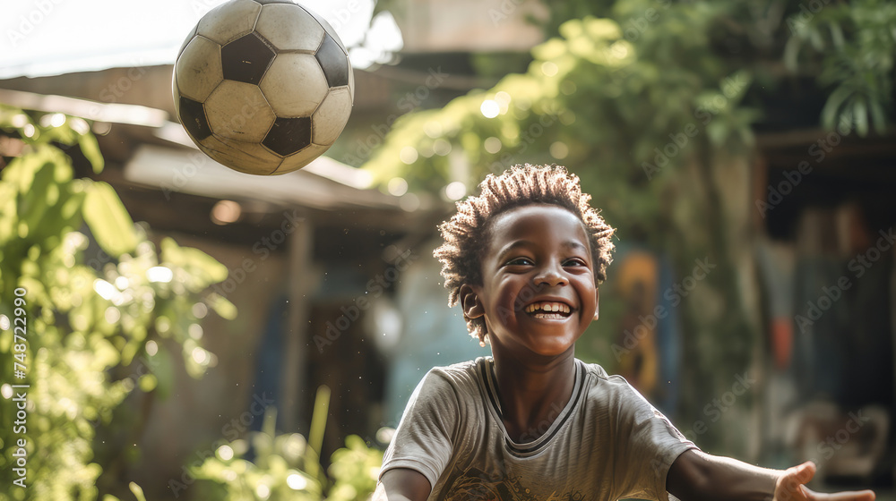 A poor, beggar, talented happy black African boy plays football with a soccer ball in his village. A poor, beggar, talented happy black African boy plays football with a soccer ball in his village.