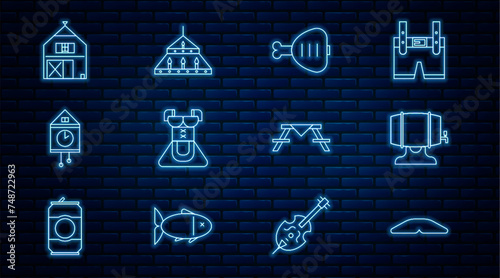 Set line Homemade pie, Wooden barrel on rack, Chicken leg, Costume for women dirndl, Retro wall watch, Farm House, Picnic table with benches and Massive steel chandelier icon. Vector