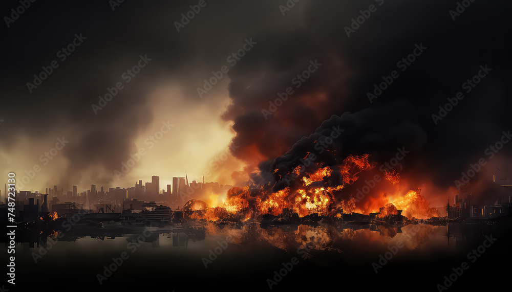 The city at night is engulfed in flames and fire and smoke are burning