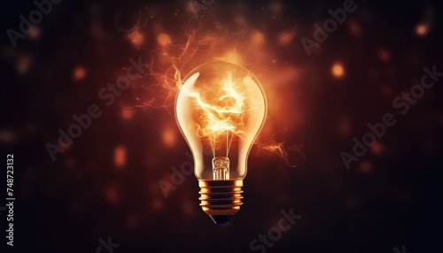 Light bulb with fire on black background