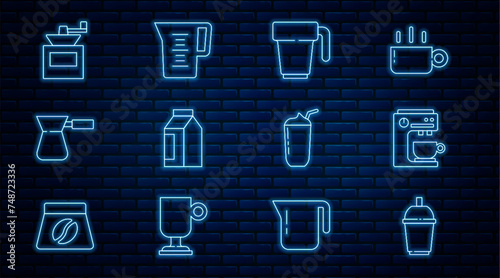 Set line Coffee cup to go, machine, Bag coffee beans, turk, Manual grinder, Milkshake and Jug glass with water icon. Vector