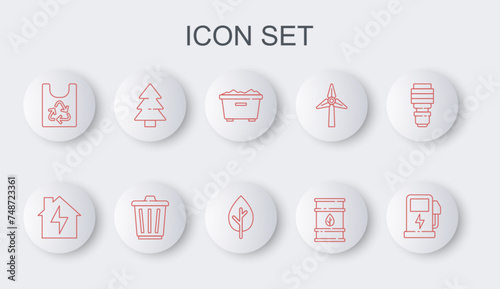 Set line Electric car charging station, House and lightning, Trash can, Bio fuel barrel, Plastic bag with recycle, Christmas tree, and Tree icon. Vector