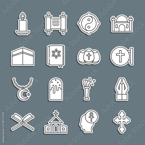 Set line Christian cross, Hands in praying position, Yin Yang, Jewish torah book, Kaaba mosque, Burning candle and Easter egg icon. Vector