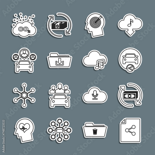 Set line Share file, Refund money, Car sharing, Head hunting concept, Folder download, CO2 emissions cloud and Music streaming service icon. Vector