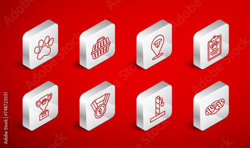 Set line Cat nose, Pet carry case, Clinical record pet, scratching post, Paw print, Dog award symbol and icon. Vector