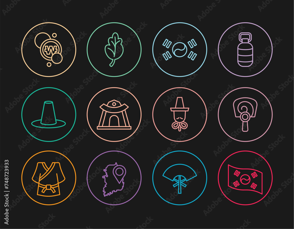 Set line South Korea flag, Korean hand fan, temple, hat, won coin, and Kimchi icon. Vector Set line South Korea flag, Korean hand fan, temple, hat, won coin, and Kimchi icon. Vector