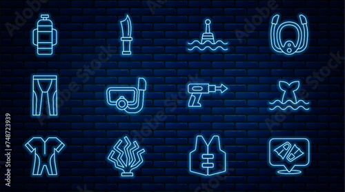Set line Flippers for swimming, Whale tail, Floating buoy, Diving mask with snorkel, Wetsuit scuba diving, Aqualung, Fishing harpoon and knife icon. Vector