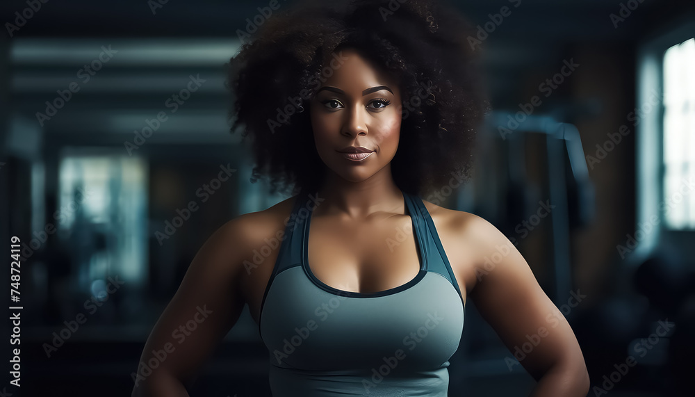 Afro curls woman in sports bra in gym