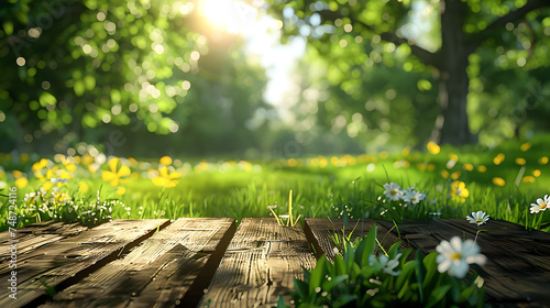 Forest wooden table background in a summer sunny meadow with green grass, forest trees background, and rustic wooden surface.