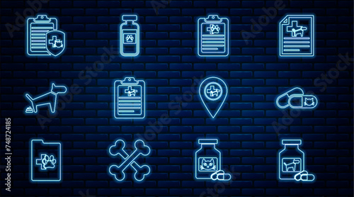 Set line Dog medicine bottle and pills, Cat, Clinical record pet, pooping, Location veterinary and Pets vial medical icon. Vector