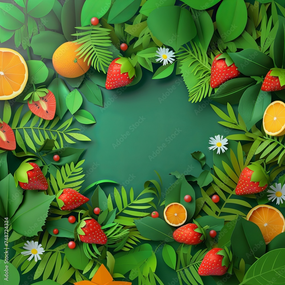 Mockup of fruits, leaves, and wildflowers. 3D animation style, layered cut paper. Strawberries, oranges, chamomiles, berries on a green background. Presentation, greeting card, space for text