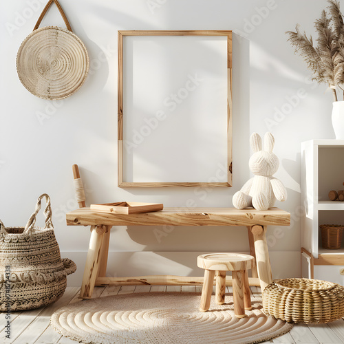 Mock up frame in children room with natural wooden furniture, 3D render