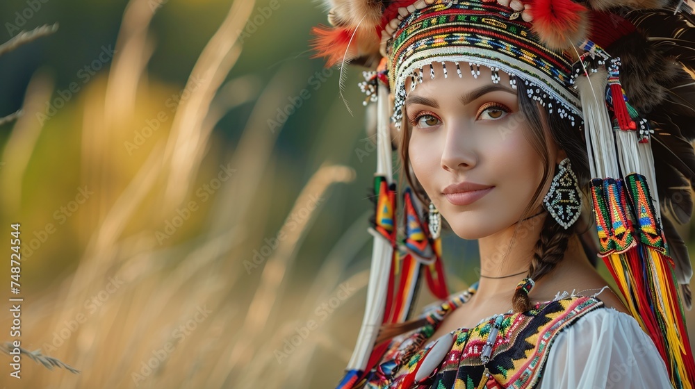 Fototapeta premium beautiful american model in authentic traditional dress and elegant fashion style