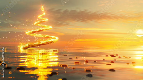 A glowing Christmas tree by the beach.
