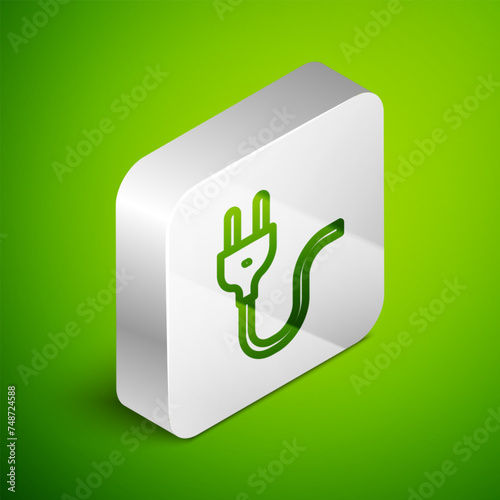 Isometric line Electric plug icon isolated on green background. Concept of connection and disconnection of the electricity. Silver square button. Vector