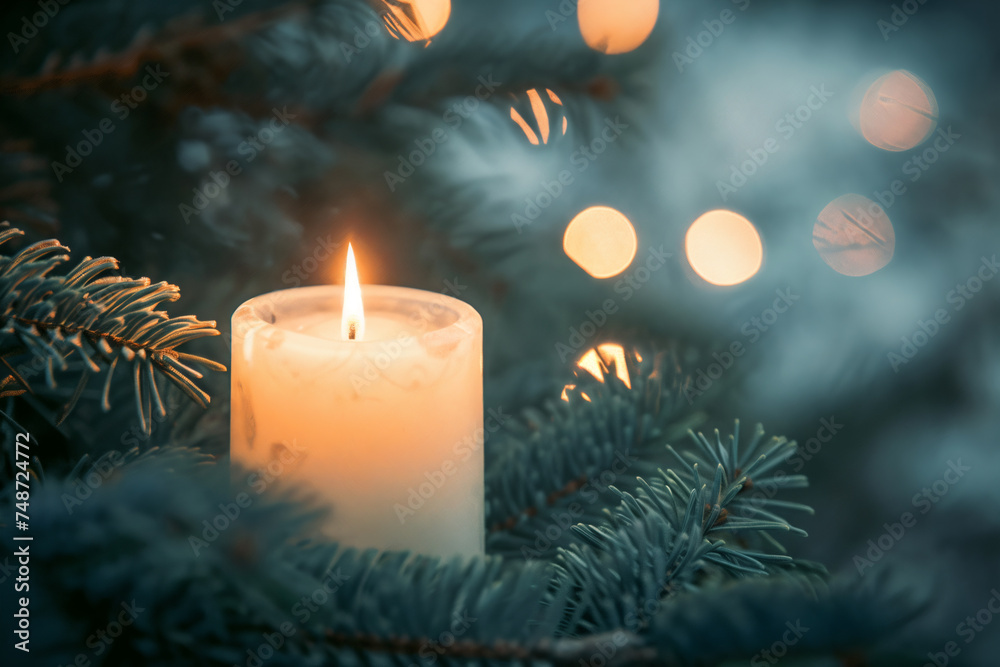 White Candle Resting on Fir Branches