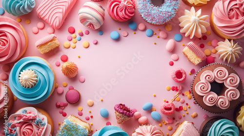 top view of various colorful sweets on light pink background. birthday or holiday. space for text