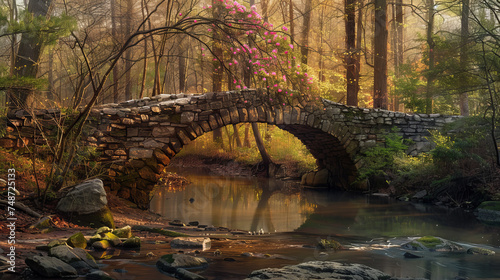 In a picturesque spring setting, a bridge stands tall over a serene river in Greenville, SC.