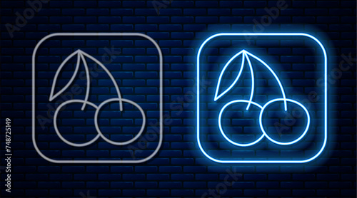 Glowing neon line Casino slot machine with cherry symbol icon isolated on brick wall background. Gambling games. Vector