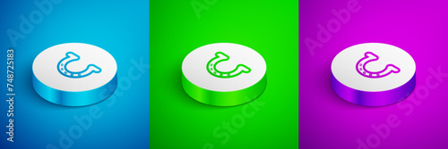 Isometric line Horseshoe icon isolated on blue, green and purple background. White circle button. Vector