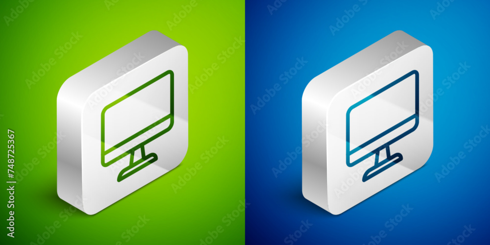 Isometric line Computer monitor screen icon isolated on green and blue background. Electronic device. Front view. Silver square button. Vector Isometric line Computer monitor screen icon isolated on green and blue background. Electronic device. Front view. Silver square button. Vector