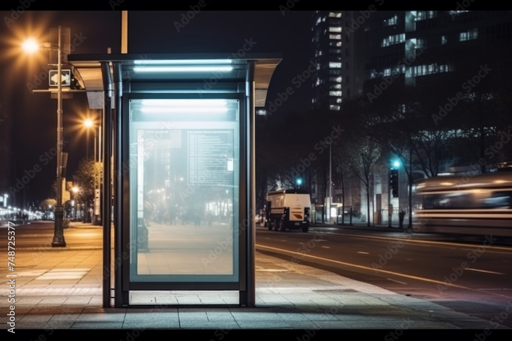 Mock up of vertical blank advertising light box on bus stop in city street at night with blurred fast moving cars light effect, motion blurred movement
