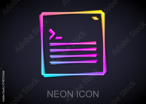 Glowing neon line Software, web developer programming code icon isolated on black background. Javascript computer script random parts of program code. Vector