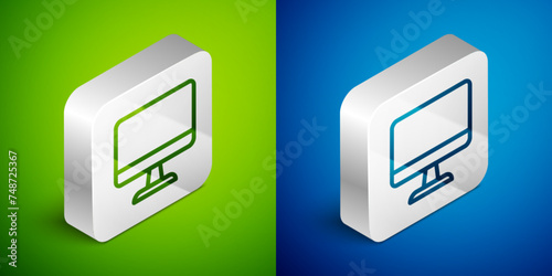 Isometric line Computer monitor screen icon isolated on green and blue background. Electronic device. Front view. Silver square button. Vector