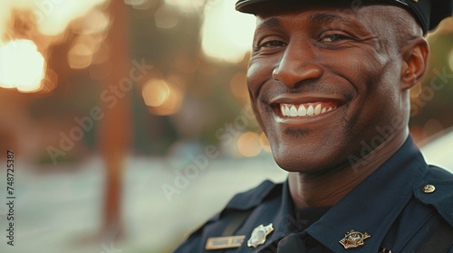 closeup of cheerful American cop standing on city street, smiling portrait of police officer on patrol duty photo