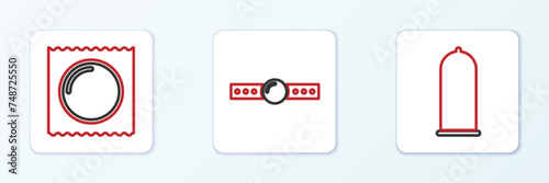 Set line Condom safe sex, in package and Silicone ball gag icon. Vector