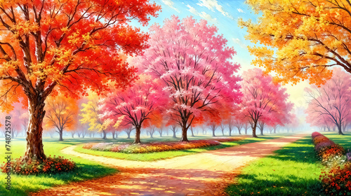 An autumn trees with orange leaves, oil painting style illustration.