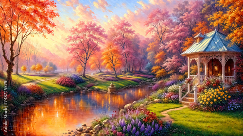 Oil painting an autumn colorful landscape, beautiful orange red trees near river