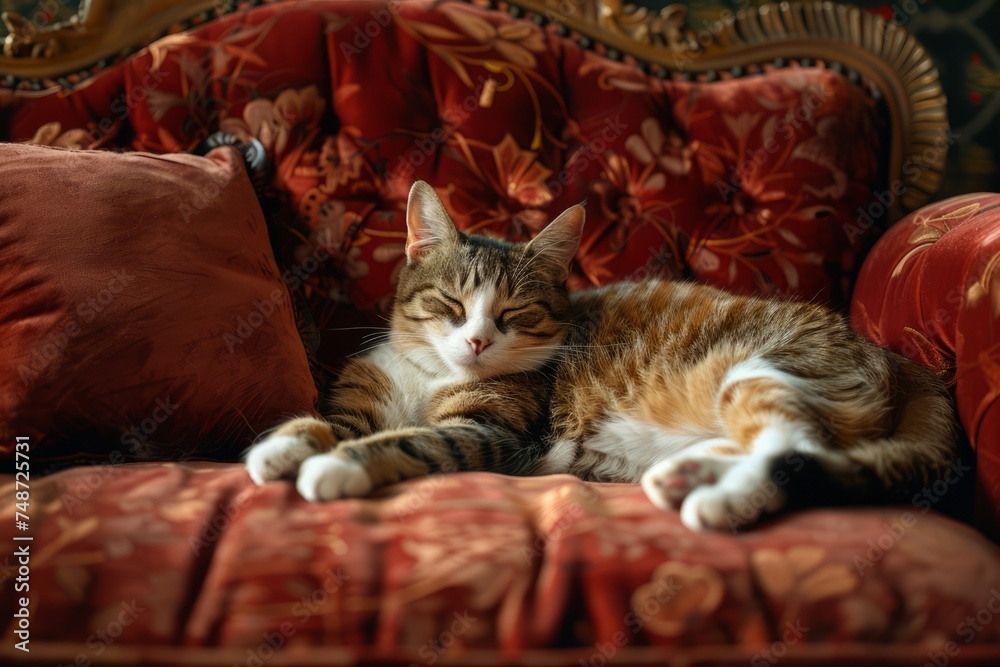 Elegant cat resting on a plush velvet cushion