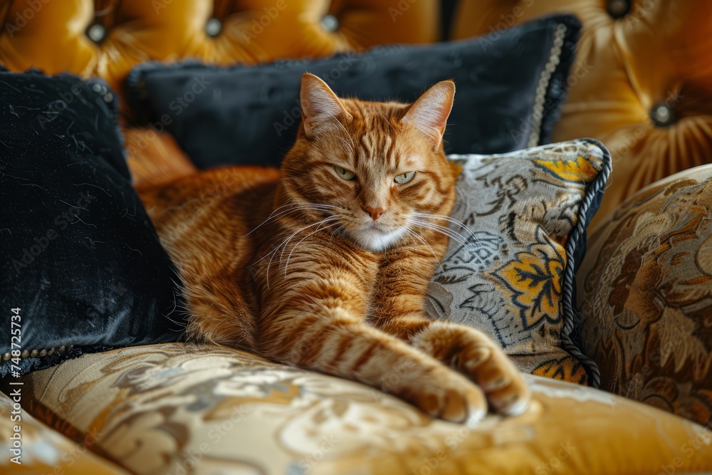 Elegant cat resting on a plush velvet cushion Elegant cat resting on a plush velvet cushion