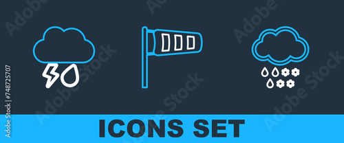 Set line Cloud with snow and rain, lightning and Cone meteorology windsock wind vane icon. Vector