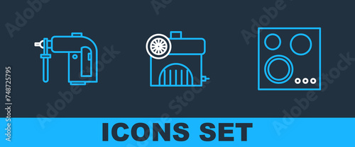 Set line Gas stove, Rotary hammer drill machine and Air compressor icon. Vector