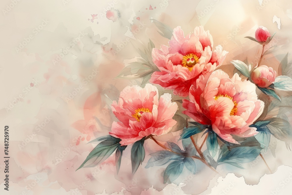 Fototapeta premium Watercolor Peonies with Space for Text