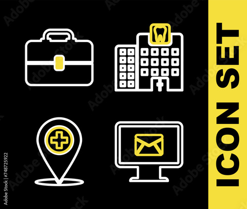 Set line Dental clinic, Monitor and envelope, Medical location with cross and Toolbox icon. Vector