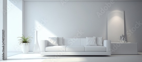A minimalist living room featuring a white couch, a small potted plant, and two closed doors in the background. The clean and simple design creates a serene atmosphere.
