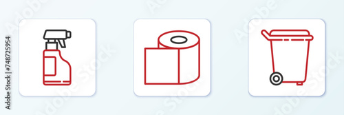 Set line Trash can, Spray bottle with detergent liquid and Toilet paper roll icon. Vector