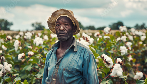 Ancient black slave in a Mississippi cotton field in 1900 looking at camera. Portrait of an ancient Black Worker. photo