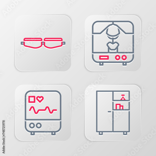 Set line Medicine cabinet, Monitor with cardiogram, X-ray machine and Safety goggle glasses icon. Vector