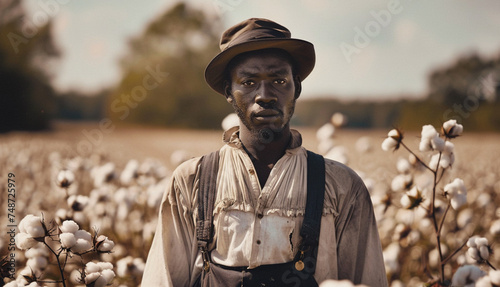 Early twenties black slave in a Mississippi cotton field in 1900 looking at camera. Portrait of a Young Black Worker. photo