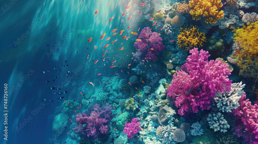 An underwater view showcasing a vibrant and diverse coral reef teeming with marine life and colorful corals